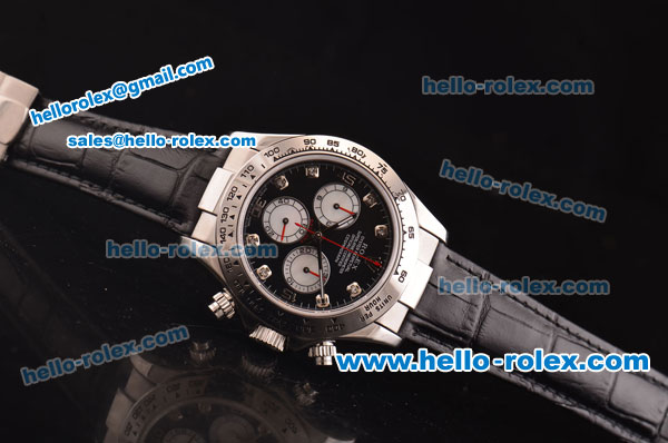 Rolex Daytona Swiss Valjoux 7750-SHG Automatic Steel Case with Black Dial and Black Leather Strap - Click Image to Close